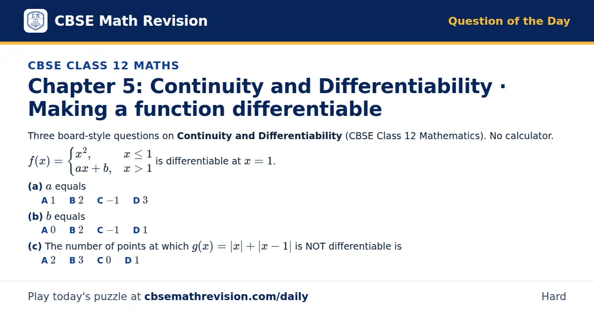 CBSE Class 12 Maths Question of the Day on Continuity and Differentiability · Making a function differentiable, a 3-part multiple-choice question: Three board-style questions on Continuity and Differentiability (CBSE Class 12 Mathematics). No…