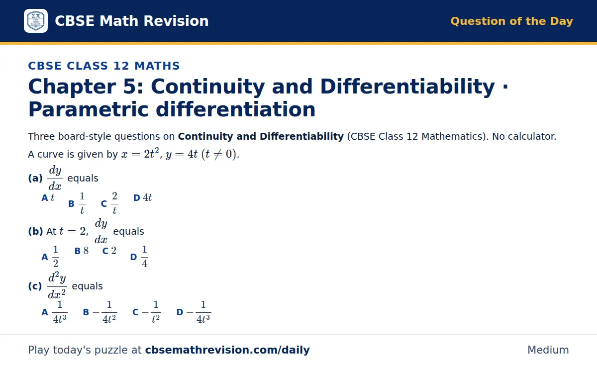 CBSE Class 12 Maths Question of the Day on Continuity and Differentiability · Parametric differentiation, a 3-part multiple-choice question: Three board-style questions on Continuity and Differentiability (CBSE Class 12 Mathematics). No calculator.…