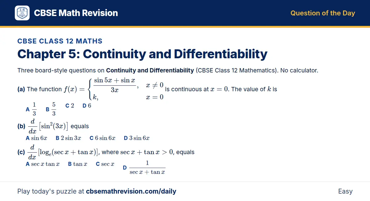 CBSE Class 12 Maths Question of the Day on Continuity and Differentiability, a 3-part multiple-choice question: Three board-style questions on Continuity and Differentiability (CBSE Class 12 Mathematics). No calculator. (a) The function f(x) = (sin…