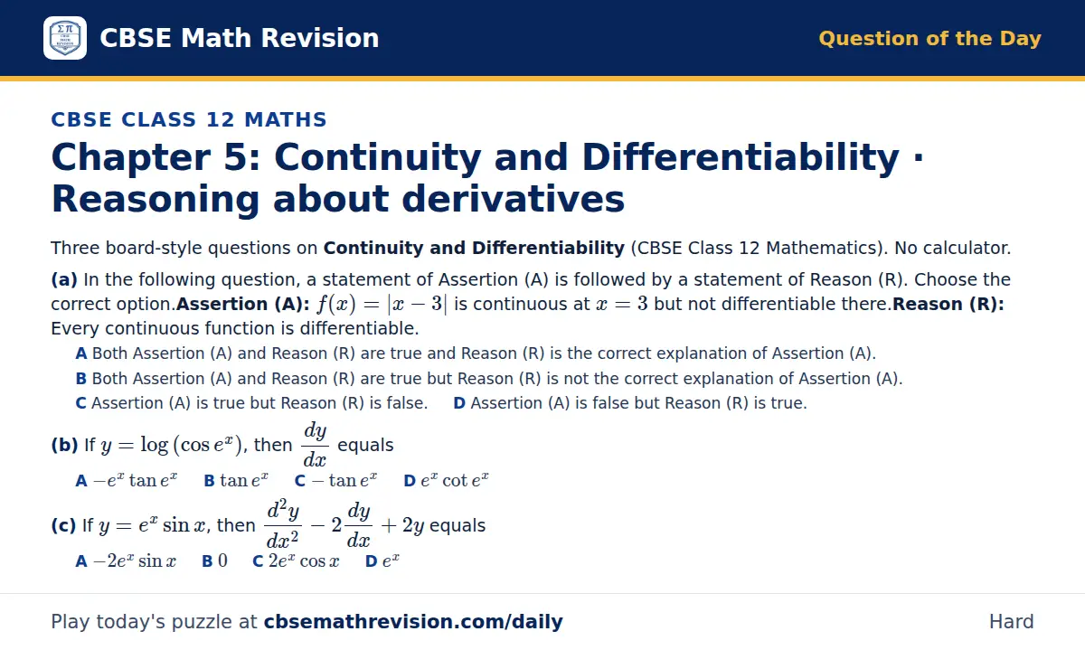 CBSE Class 12 Maths Question of the Day on Continuity and Differentiability · Reasoning about derivatives, a 3-part multiple-choice question: Three board-style questions on Continuity and Differentiability (CBSE Class 12 Mathematics). No…