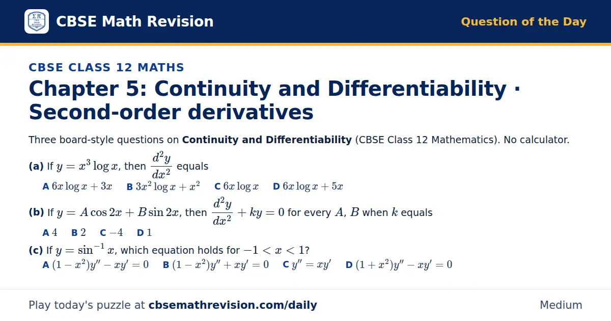 CBSE Class 12 Maths Question of the Day on Continuity and Differentiability · Second-order derivatives, a 3-part multiple-choice question: Three board-style questions on Continuity and Differentiability (CBSE Class 12 Mathematics). No calculator.…