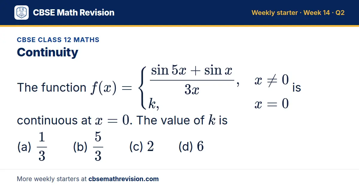 CBSE Class 12 Maths starter question on Continuity: The function f(x) = (sin 5x + sin x)/3x, x ≠ 0; k, x = 0 is continuous at x = 0. The value of k is (a) 13 (b) 53 (c) 2 (d) 6