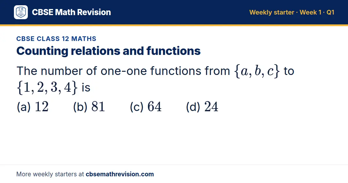 CBSE Class 12 Maths starter question on Counting relations and functions: The number of one-one functions from a, b, c to 1, 2, 3, 4 is (a) 12 (b) 81 (c) 64 (d) 24