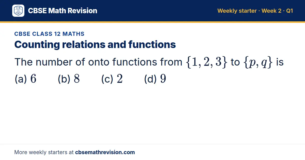 CBSE Class 12 Maths starter question on Counting relations and functions: The number of onto functions from 1, 2, 3 to p, q is (a) 6 (b) 8 (c) 2 (d) 9