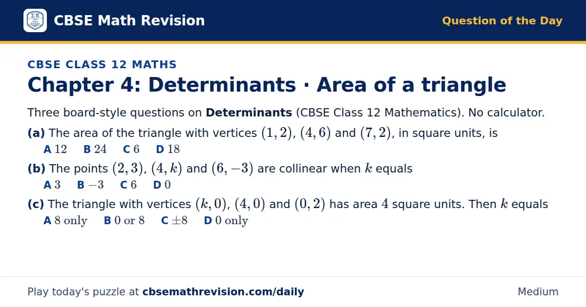 CBSE Class 12 Maths Question of the Day on Determinants · Area of a triangle, a 3-part multiple-choice question: Three board-style questions on Determinants (CBSE Class 12 Mathematics). No calculator. (a) The area of the triangle with vertices (1…