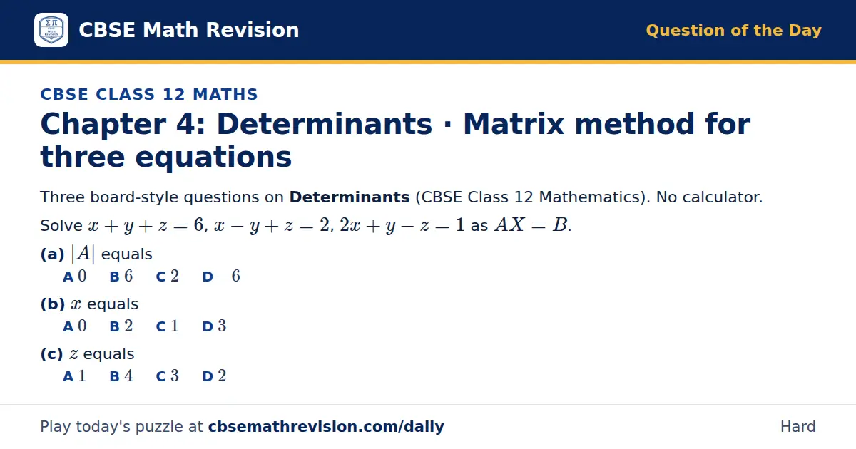 CBSE Class 12 Maths Question of the Day on Determinants · Matrix method for three equations, a 3-part multiple-choice question: Three board-style questions on Determinants (CBSE Class 12 Mathematics). No calculator. Solve x + y + z = 6, x - y + z =…