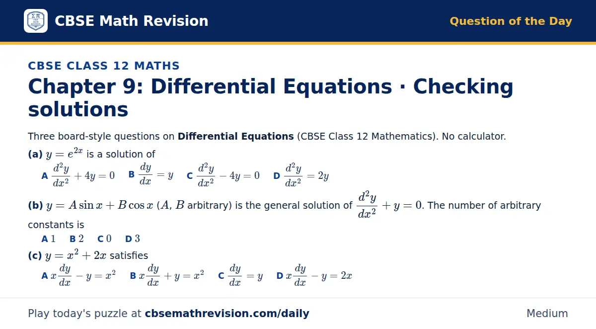 CBSE Class 12 Maths Question of the Day on Differential Equations · Checking solutions, a 3-part multiple-choice question: Three board-style questions on Differential Equations (CBSE Class 12 Mathematics). No calculator. (a) y = e^(2x) is a…