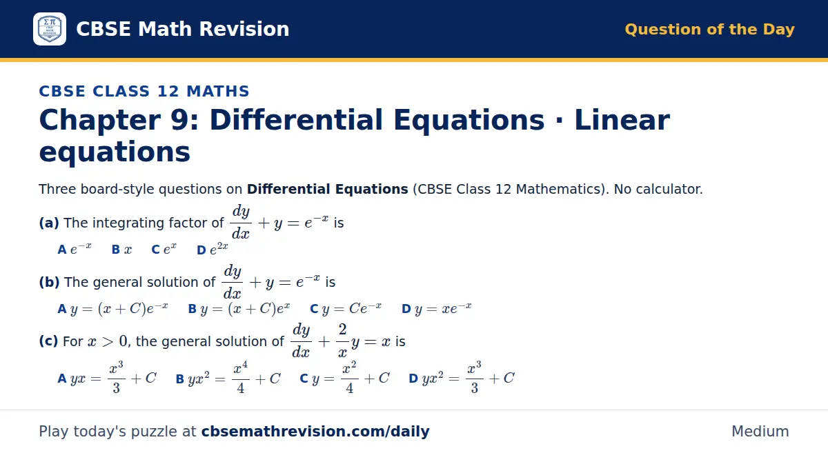 CBSE Class 12 Maths Question of the Day on Differential Equations · Linear equations, a 3-part multiple-choice question: Three board-style questions on Differential Equations (CBSE Class 12 Mathematics). No calculator. (a) The integrating factor of…
