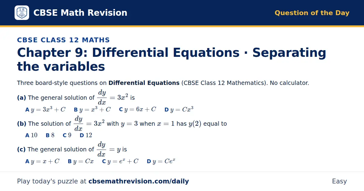 CBSE Class 12 Maths Question of the Day on Differential Equations · Separating the variables, a 3-part multiple-choice question: Three board-style questions on Differential Equations (CBSE Class 12 Mathematics). No calculator. (a) The general…