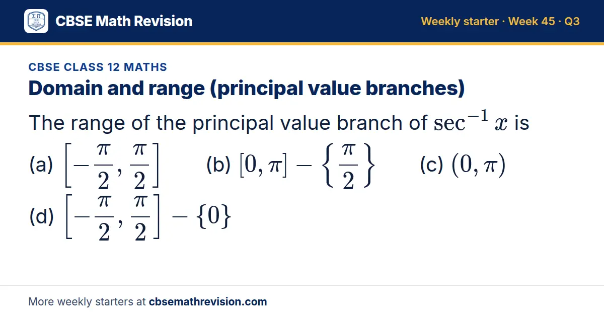 CBSE Class 12 Maths starter question on Domain and range (principal value branches): The range of the principal value branch of sec⁻¹x is (a) [-(π)/2, (π)/2] (b) [0, π] - (π)/2 (c) (0, π) (d) [-(π)/2, (π)/2] - 0