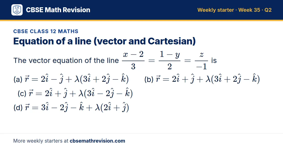 CBSE Class 12 Maths starter question on Equation of a line (vector and Cartesian): The vector equation of the line (x - 2)/3 = (1 - y)/2 = z/(-1) is (a) r = 2i - j + λ(3i + 2j - k) (b) r = 2i + j + λ(3i + 2j - k) (c) r = 2i + j + λ(3i - 2j - k) (d)…