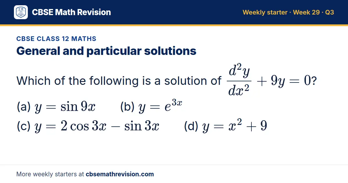 CBSE Class 12 Maths starter question on General and particular solutions: Which of the following is a solution of (d²y)/(dx²) + 9y = 0? (a) y = sin 9x (b) y = e^(3x) (c) y = 2cos 3x - sin 3x (d) y = x² + 9