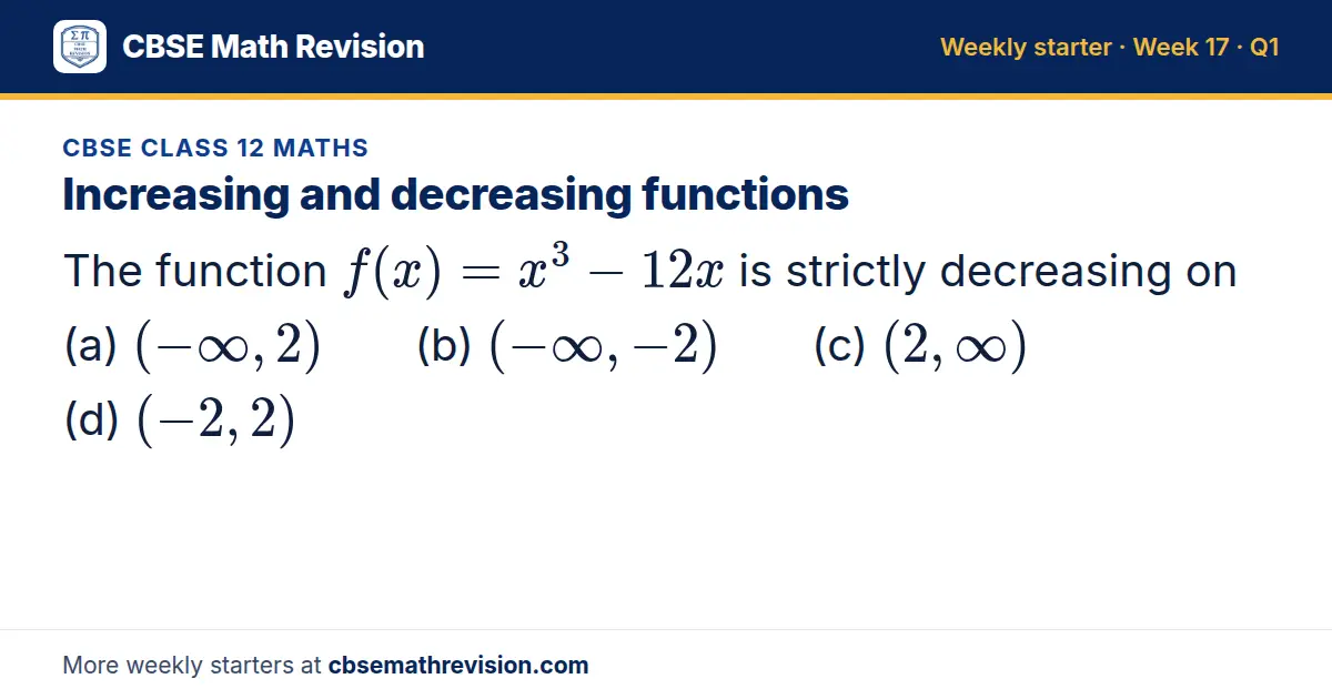 CBSE Class 12 Maths starter question on Increasing and decreasing functions: The function f(x) = x³ - 12x is strictly decreasing on (a) (-∞, 2) (b) (-∞, -2) (c) (2, ∞) (d) (-2, 2)