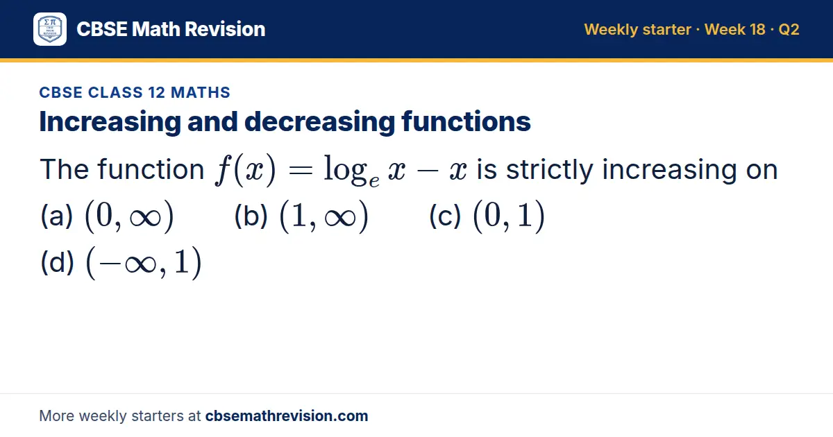 CBSE Class 12 Maths starter question on Increasing and decreasing functions: The function f(x) = log_e x - x is strictly increasing on (a) (0, ∞) (b) (1, ∞) (c) (0, 1) (d) (-∞, 1)