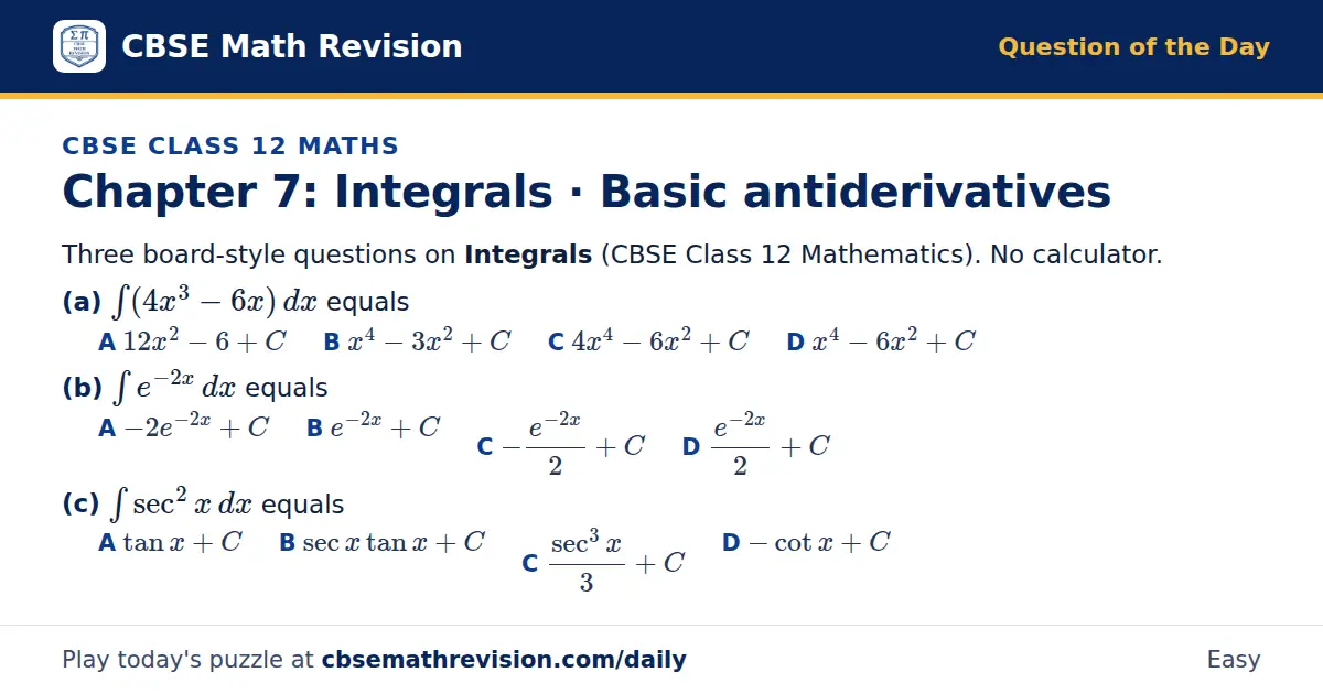 CBSE Class 12 Maths Question of the Day on Integrals · Basic antiderivatives, a 3-part multiple-choice question: Three board-style questions on Integrals (CBSE Class 12 Mathematics). No calculator. (a) ∫ (4x³ - 6x) dx equals (b) ∫ e^(-2x) dx equals…