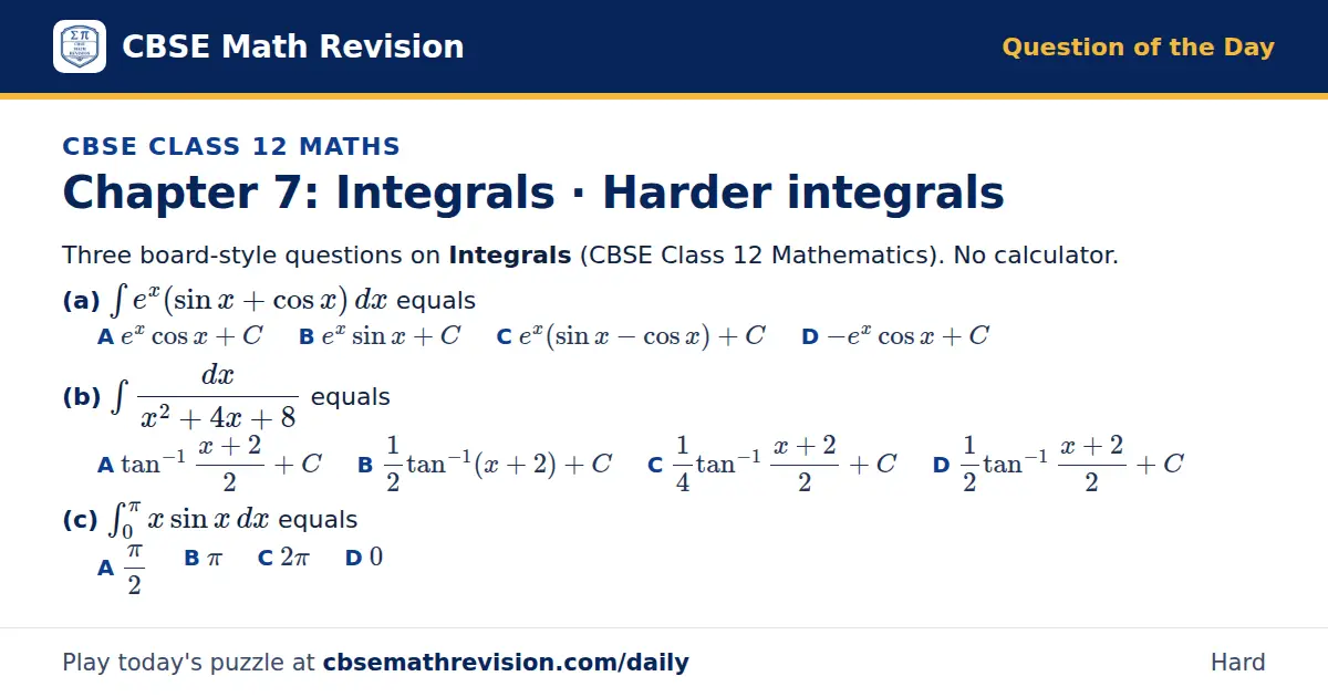 CBSE Class 12 Maths Question of the Day on Integrals · Harder integrals, a 3-part multiple-choice question: Three board-style questions on Integrals (CBSE Class 12 Mathematics). No calculator. (a) ∫ e^x(sin x + cos x) dx equals (b) ∫ dx/(x² + 4x +…