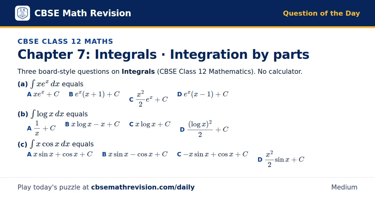 CBSE Class 12 Maths Question of the Day on Integrals · Integration by parts, a 3-part multiple-choice question: Three board-style questions on Integrals (CBSE Class 12 Mathematics). No calculator. (a) ∫ x e^x dx equals (b) ∫ log x dx equals (c) ∫…