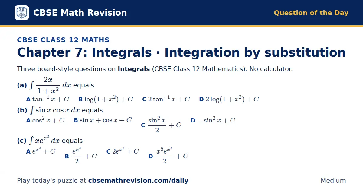 CBSE Class 12 Maths Question of the Day on Integrals · Integration by substitution, a 3-part multiple-choice question: Three board-style questions on Integrals (CBSE Class 12 Mathematics). No calculator. (a) ∫ 2x/(1 + x²) dx equals (b) ∫ sin xcos x…