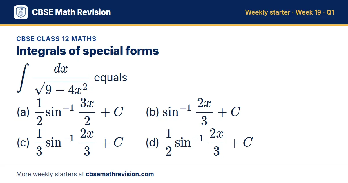 CBSE Class 12 Maths starter question on Integrals of special forms: /(√(9 - 4x²)) equals (a) 12sin⁻¹3x/2 + C (b) sin⁻¹2x/3 + C (c) 13sin⁻¹2x/3 + C (d) 12sin⁻¹2x/3 + C