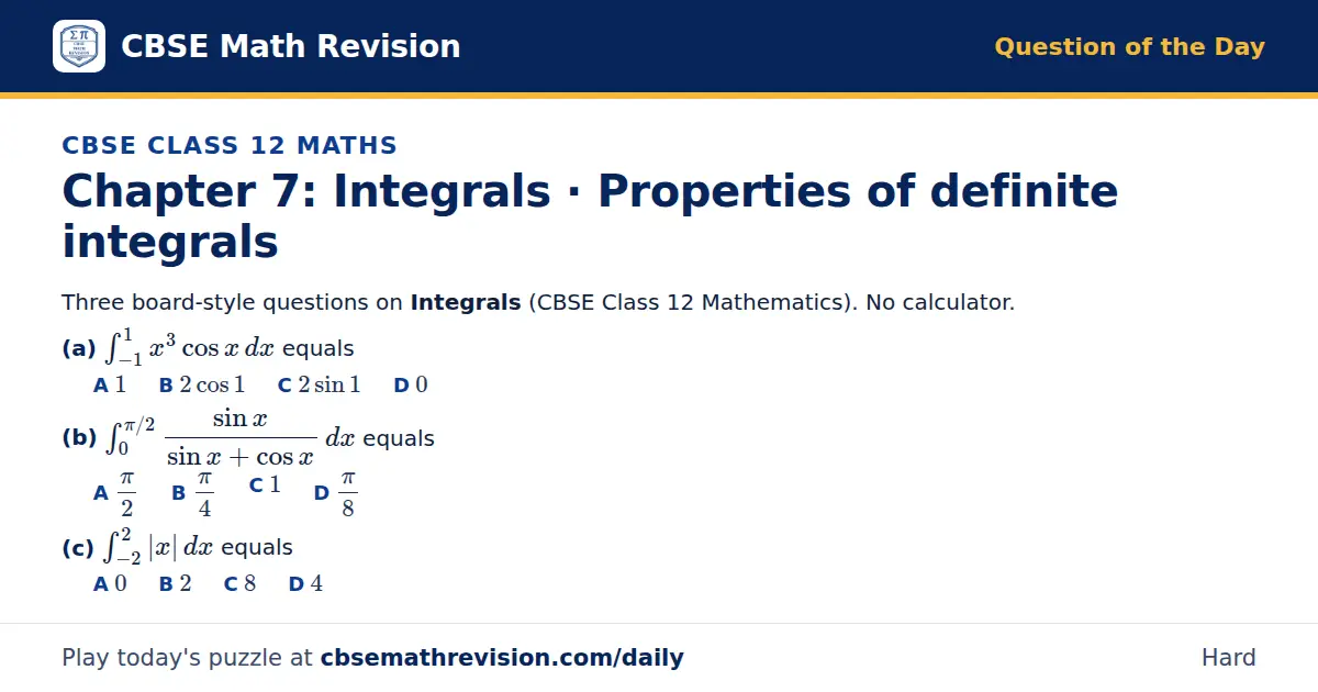 CBSE Class 12 Maths Question of the Day on Integrals · Properties of definite integrals, a 3-part multiple-choice question: Three board-style questions on Integrals (CBSE Class 12 Mathematics). No calculator. (a) ∫_-1¹ x³cos x dx equals (b)…