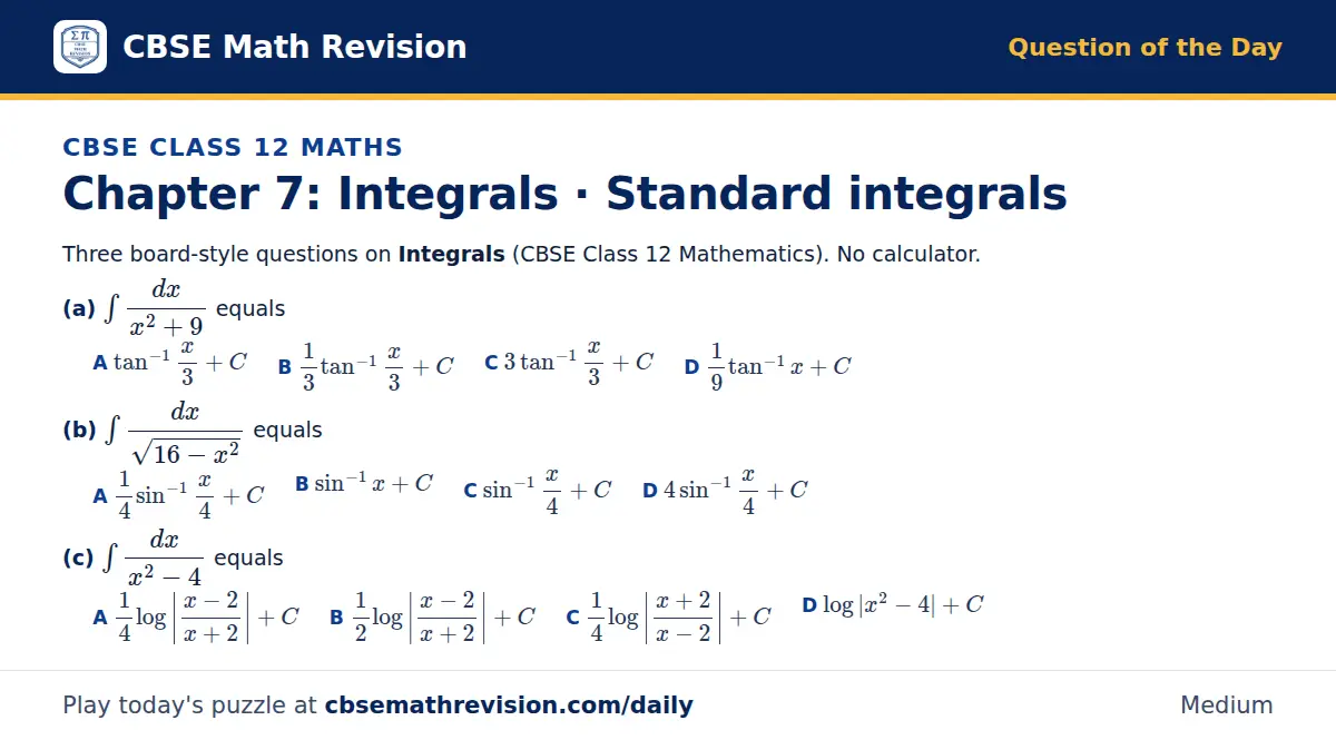 CBSE Class 12 Maths Question of the Day on Integrals · Standard integrals, a 3-part multiple-choice question: Three board-style questions on Integrals (CBSE Class 12 Mathematics). No calculator. (a) ∫ dx/(x² + 9) equals (b) ∫ dx/(√(16 - x²)) equals…