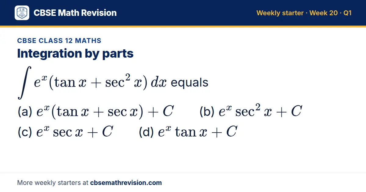 CBSE Class 12 Maths starter question on Integration by parts: ∫ e^x(tan x + sec² x) dx equals (a) e^x(tan x + sec x) + C (b) e^xsec² x + C (c) e^xsec x + C (d) e^xtan x + C