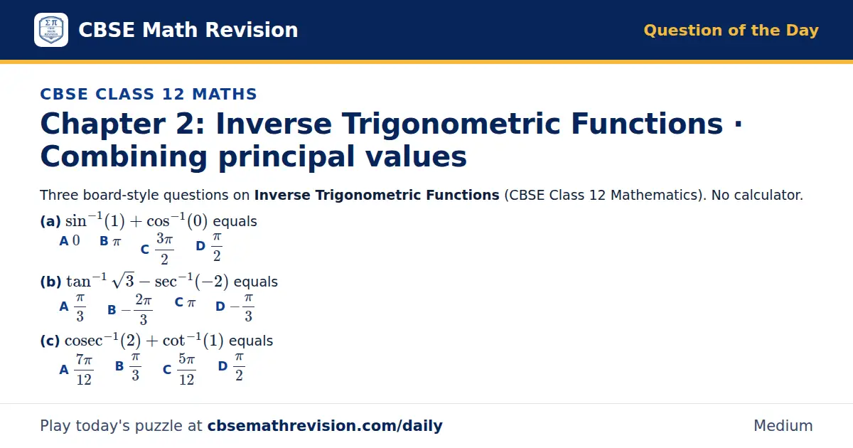 CBSE Class 12 Maths Question of the Day on Inverse Trigonometric Functions · Combining principal values, a 3-part multiple-choice question: Three board-style questions on Inverse Trigonometric Functions (CBSE Class 12 Mathematics). No calculator.…