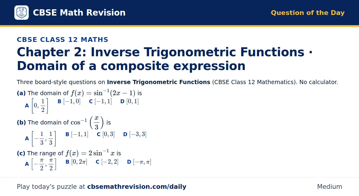 CBSE Class 12 Maths Question of the Day on Inverse Trigonometric Functions · Domain of a composite expression, a 3-part multiple-choice question: Three board-style questions on Inverse Trigonometric Functions (CBSE Class 12 Mathematics). No…