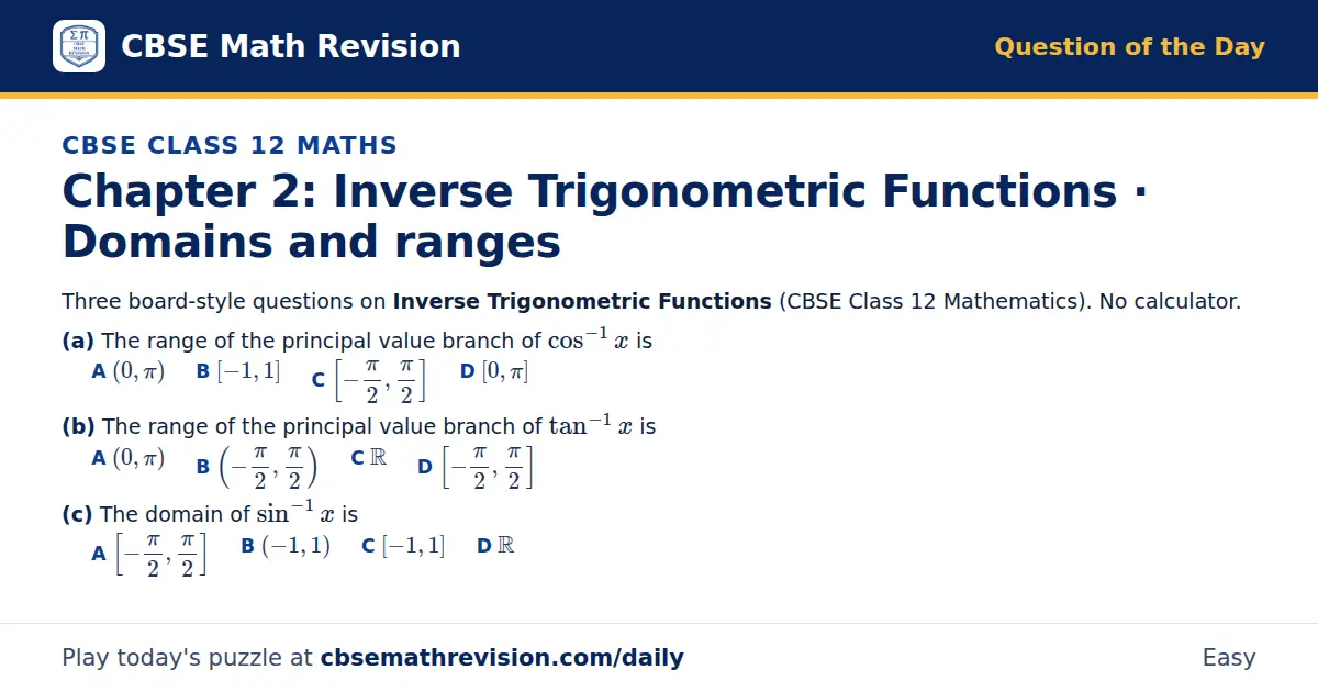 CBSE Class 12 Maths Question of the Day on Inverse Trigonometric Functions · Domains and ranges, a 3-part multiple-choice question: Three board-style questions on Inverse Trigonometric Functions (CBSE Class 12 Mathematics). No calculator. (a) The…