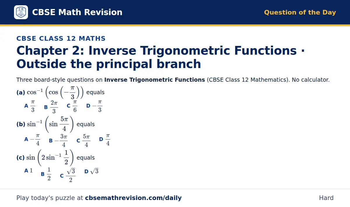 CBSE Class 12 Maths Question of the Day on Inverse Trigonometric Functions · Outside the principal branch, a 3-part multiple-choice question: Three board-style questions on Inverse Trigonometric Functions (CBSE Class 12 Mathematics). No calculator.…
