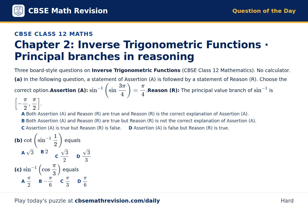CBSE Class 12 Maths Question of the Day on Inverse Trigonometric Functions · Principal branches in reasoning, a 3-part multiple-choice question: Three board-style questions on Inverse Trigonometric Functions (CBSE Class 12 Mathematics). No…