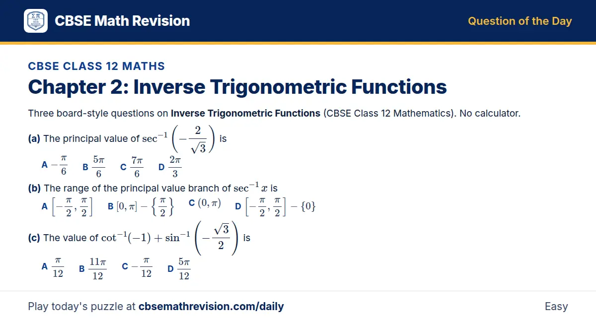 CBSE Class 12 Maths Question of the Day on Inverse Trigonometric Functions, a 3-part multiple-choice question: Three board-style questions on Inverse Trigonometric Functions (CBSE Class 12 Mathematics). No calculator. (a) The principal value of…