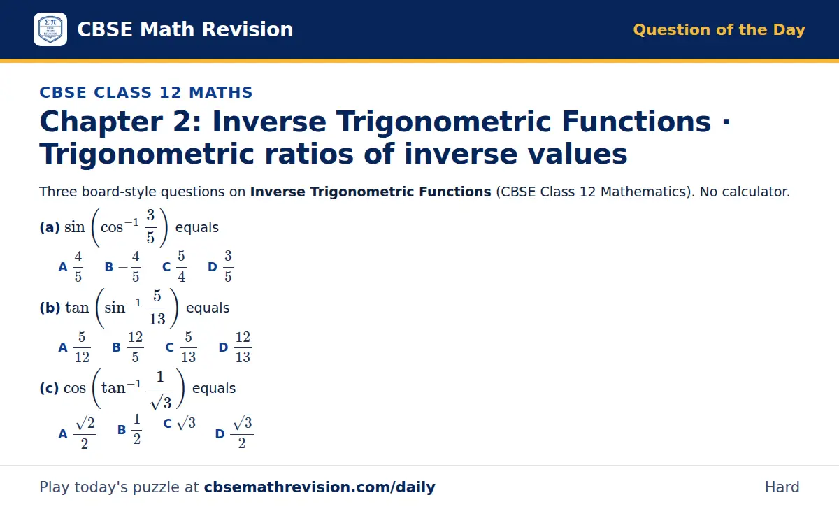 CBSE Class 12 Maths Question of the Day on Inverse Trigonometric Functions · Trigonometric ratios of inverse values, a 3-part multiple-choice question: Three board-style questions on Inverse Trigonometric Functions (CBSE Class 12 Mathematics). No…