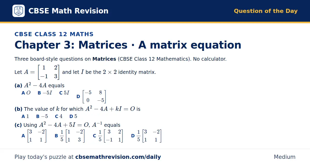 CBSE Class 12 Maths Question of the Day on Matrices · A matrix equation, a 3-part multiple-choice question: Three board-style questions on Matrices (CBSE Class 12 Mathematics). No calculator. Let A = 1 2; -1 3 and let I be the 2 × 2 identity…