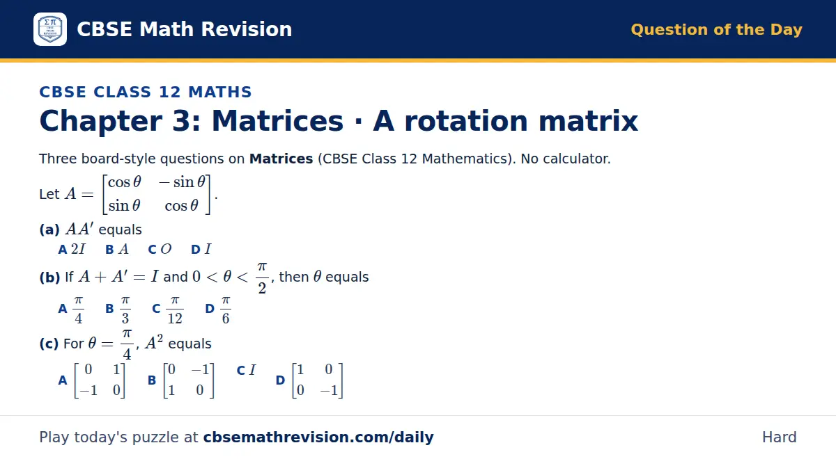 CBSE Class 12 Maths Question of the Day on Matrices · A rotation matrix, a 3-part multiple-choice question: Three board-style questions on Matrices (CBSE Class 12 Mathematics). No calculator. Let A = cosθ -sinθ; sinθ cosθ. (a) AA' equals (b) If A +…