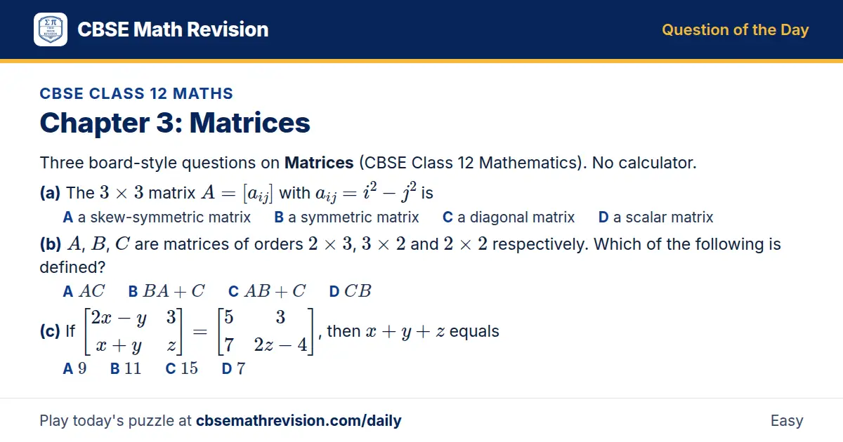 CBSE Class 12 Maths Question of the Day on Matrices, a 3-part multiple-choice question: Three board-style questions on Matrices (CBSE Class 12 Mathematics). No calculator. (a) The 3 × 3 matrix A = [a_ij] with a_ij = i² - j² is (b) A, B, C are…