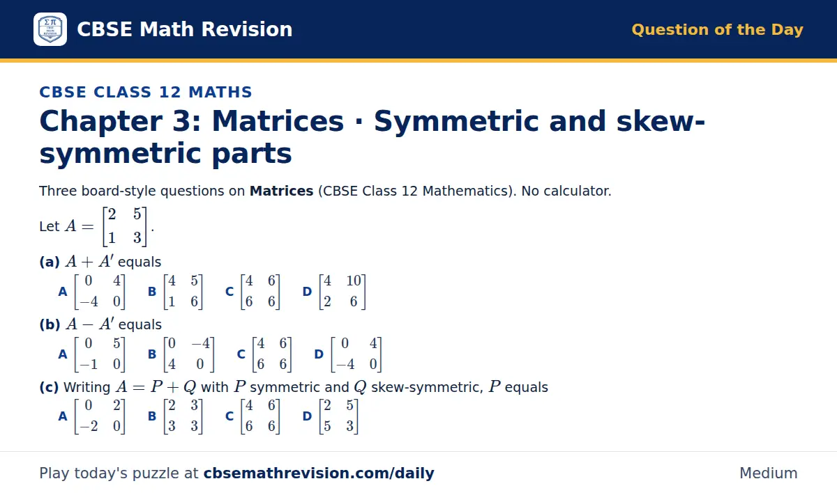 CBSE Class 12 Maths Question of the Day on Matrices · Symmetric and skew-symmetric parts, a 3-part multiple-choice question: Three board-style questions on Matrices (CBSE Class 12 Mathematics). No calculator. Let A = 2 5; 1 3. (a) A + A' equals (b)…