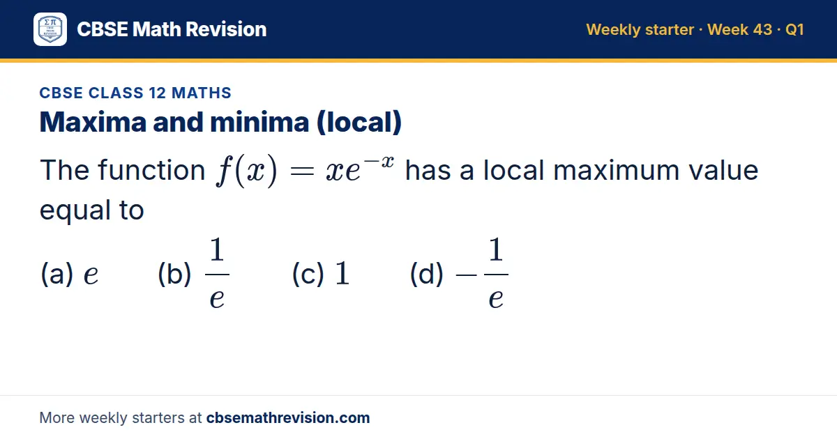 CBSE Class 12 Maths starter question on Maxima and minima (local): The function f(x) = xe^(-x) has a local maximum value equal to (a) e (b) 1e (c) 1 (d) -1e