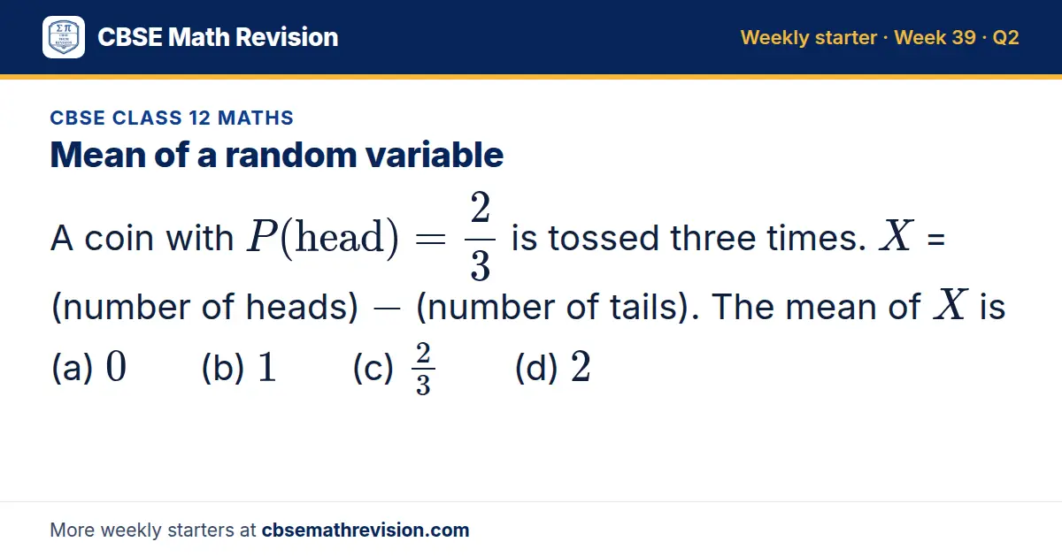 CBSE Class 12 Maths starter question on Mean of a random variable: A coin with P(head) = 23 is tossed three times. X = (number of heads) - (number of tails). The mean of X is (a) 0 (b) 1 (c) 23 (d) 2