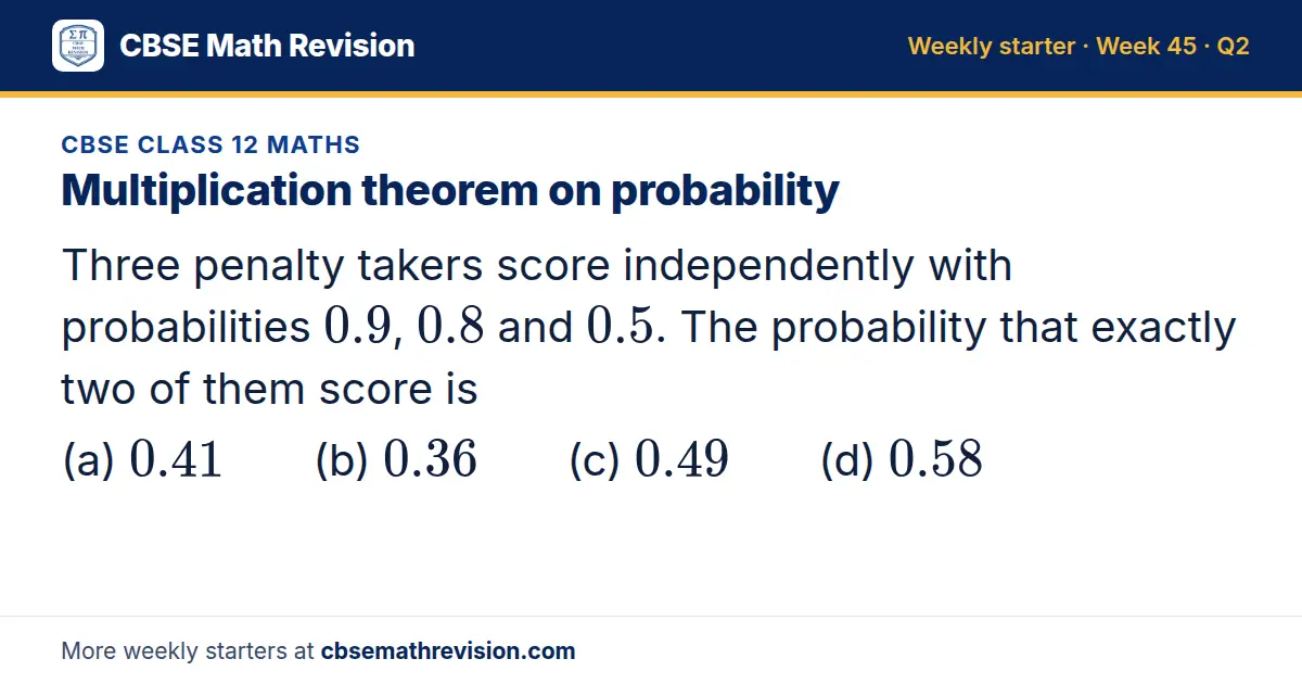 CBSE Class 12 Maths starter question on Multiplication theorem on probability: Three penalty takers score independently with probabilities 0.9, 0.8 and 0.5. The probability that exactly two of them score is (a) 0.41 (b) 0.36 (c) 0.49 (d) 0.58