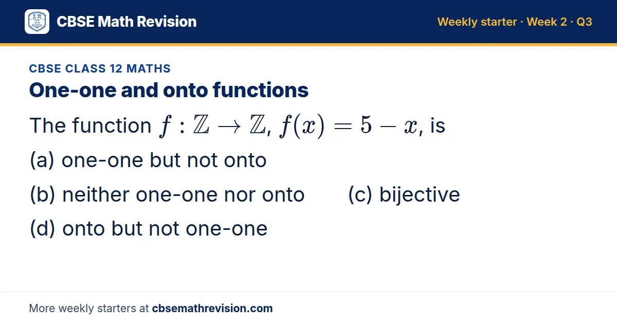 CBSE Class 12 Maths starter question on One-one and onto functions: The function f: ℤ → ℤ, f(x) = 5 - x, is (a) one-one but not onto (b) neither one-one nor onto (c) bijective (d) onto but not one-one