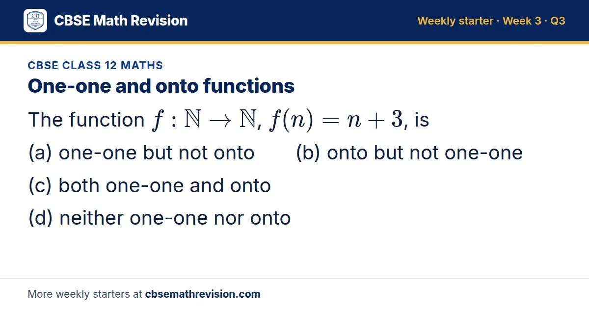 CBSE Class 12 Maths starter question on One-one and onto functions: The function f: ℕ → ℕ, f(n) = n + 3, is (a) one-one but not onto (b) onto but not one-one (c) both one-one and onto (d) neither one-one nor onto