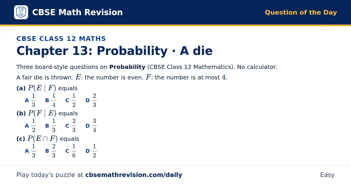 CBSE Class 12 Maths Question of the Day on Probability · A die, a 3-part multiple-choice question: Three board-style questions on Probability (CBSE Class 12 Mathematics). No calculator. A fair die is thrown. E: the number is even. F: the number is…