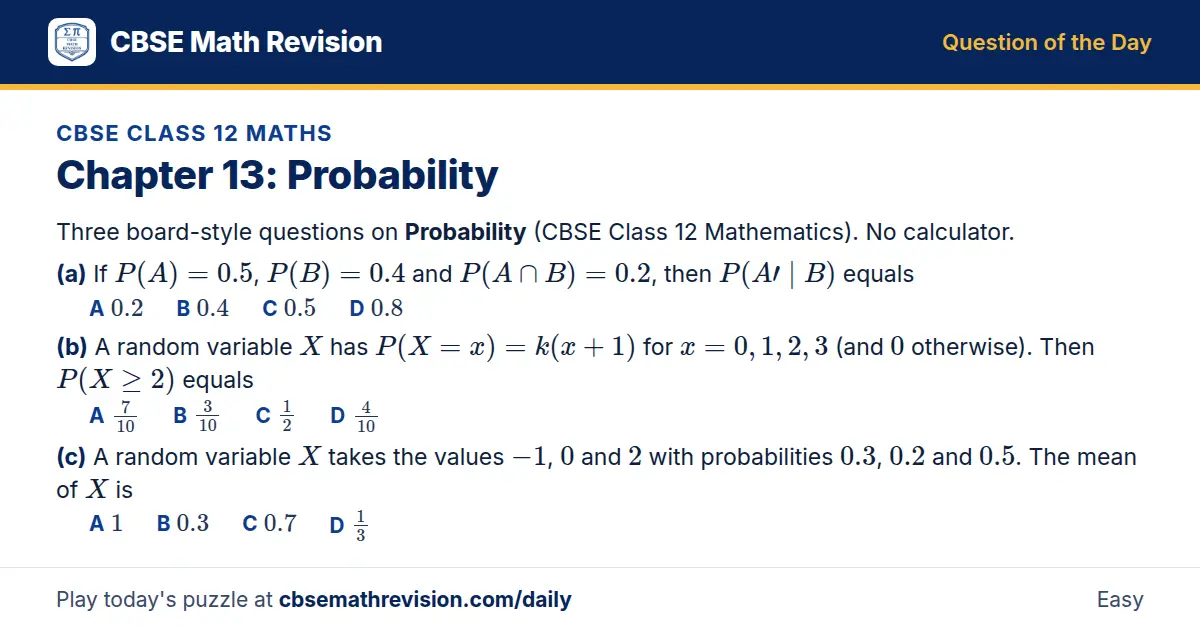 CBSE Class 12 Maths Question of the Day on Probability, a 3-part multiple-choice question: Three board-style questions on Probability (CBSE Class 12 Mathematics). No calculator. (a) If P(A) = 0.5, P(B) = 0.4 and P(A ∩ B) = 0.2, then P(A′ | B)…