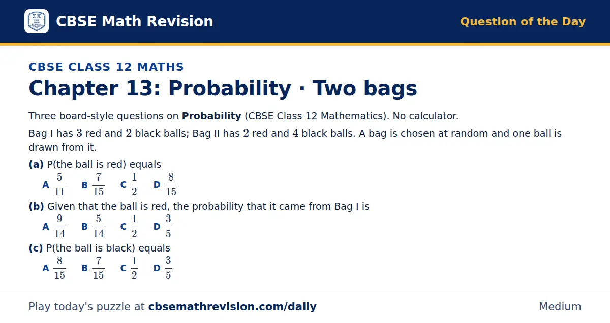 CBSE Class 12 Maths Question of the Day on Probability · Two bags, a 3-part multiple-choice question: Three board-style questions on Probability (CBSE Class 12 Mathematics). No calculator. Bag I has 3 red and 2 black balls; Bag II has 2 red and 4…