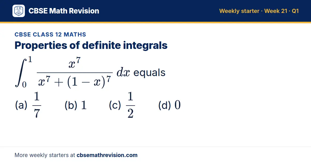 CBSE Class 12 Maths starter question on Properties of definite integrals: ∫_0¹(x⁷)/(x⁷ + (1 - x)⁷) dx equals (a) 17 (b) 1 (c) 12 (d) 0