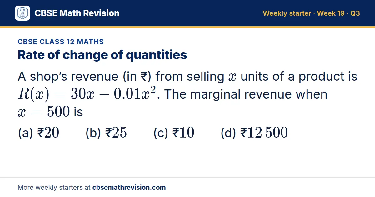 CBSE Class 12 Maths starter question on Rate of change of quantities: A shop’s revenue (in ₹) from selling x units of a product is R(x) = 30x - 0.01x^2. The marginal revenue when x = 500 is (a) ₹20 (b) ₹25 (c) ₹10 (d) ₹12 500