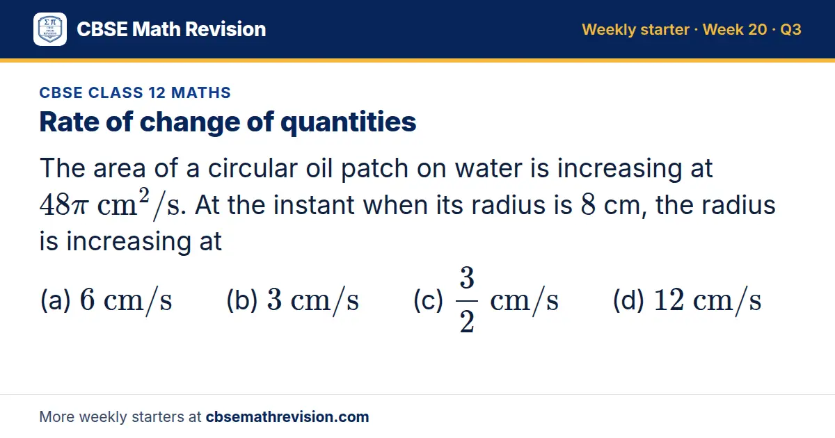 CBSE Class 12 Maths starter question on Rate of change of quantities: The area of a circular oil patch on water is increasing at 48π cm^2/s. At the instant when its radius is 8 cm, the radius is increasing at (a) 6 cm/s (b) 3 cm/s (c) 3/2 cm/s (d)…