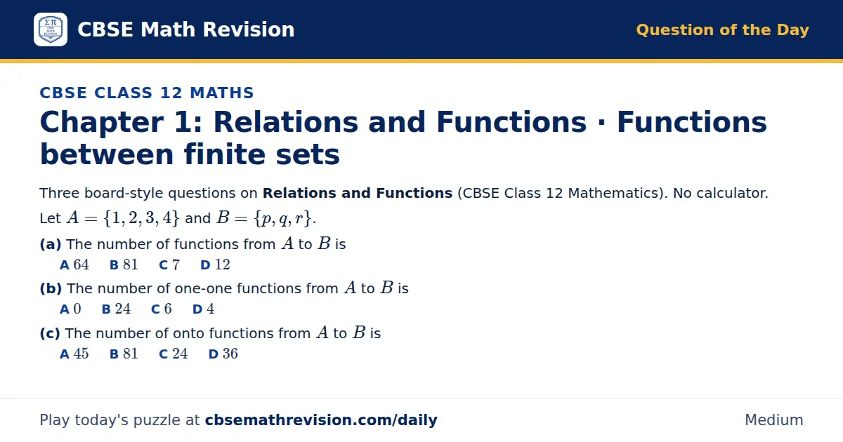 CBSE Class 12 Maths Question of the Day on Relations and Functions · Functions between finite sets, a 3-part multiple-choice question: Three board-style questions on Relations and Functions (CBSE Class 12 Mathematics). No calculator. Let A = 1, 2…