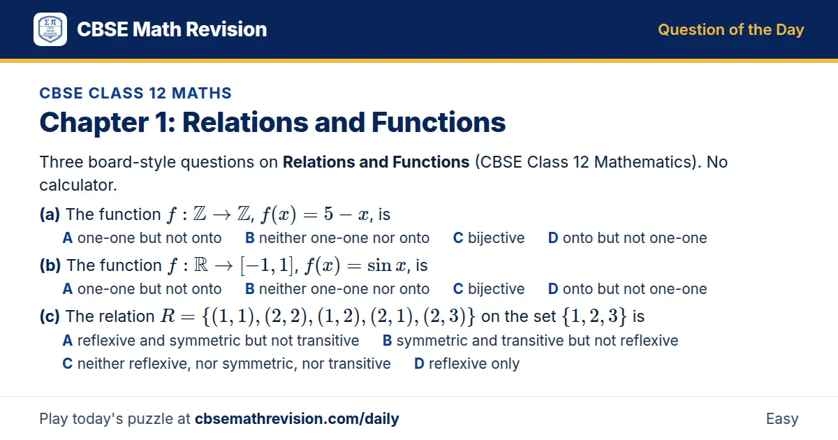 CBSE Class 12 Maths Question of the Day on Relations and Functions, a 3-part multiple-choice question: Three board-style questions on Relations and Functions (CBSE Class 12 Mathematics). No calculator. (a) The function f: ℤ → ℤ, f(x) = 5 - x, is…
